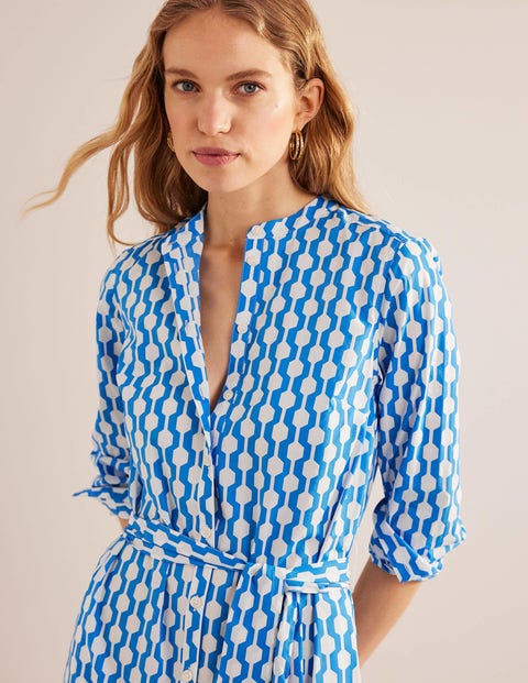 Collarless Midi Shirt Dress - Moroccan Blue, Geo Azure | Boden US