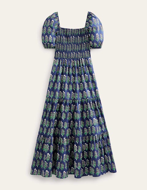 Maxikleid mit gesmoktem Oberteil Damen Boden, Französisches Marineblau, Kunstvolle Blumen