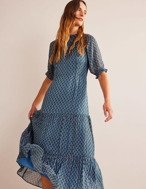 Tie-Neck Tiered Maxi Dress - Blue, Paisley Stem