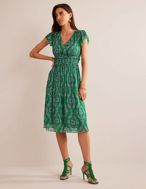 Gathered Waist Midi Dress - Rich Emerald, Botanic Wreath | Boden UK