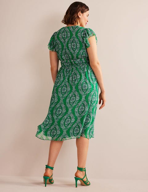 Gathered Waist Midi Dress - Rich Emerald, Botanic Wreath