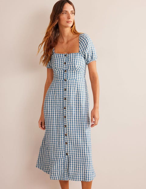 Square Neck Linen Midi Dress - Delphinium Blue, Gingham