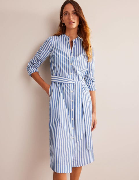 Cotton Belted Shirt Dress - Sapphire and Ivory Stripe | Boden UK