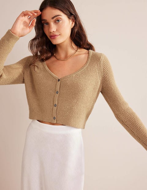 Fluffy Cropped Cardigan - Sparkle Camel Melange