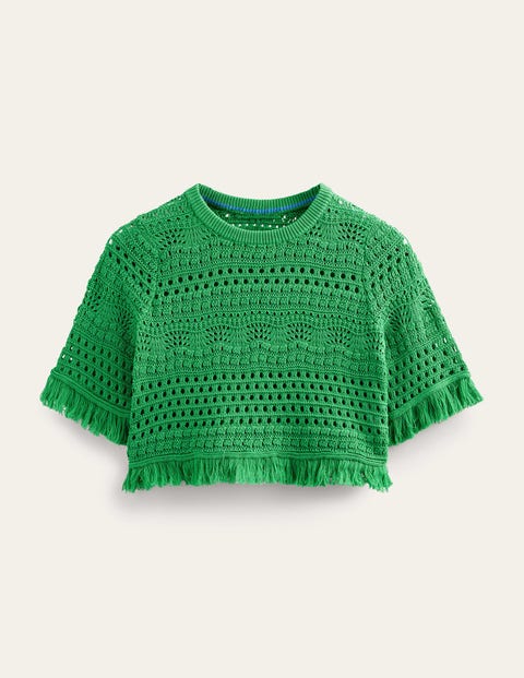 Cropped Fringe Crochet T-Shirt Green Women Boden