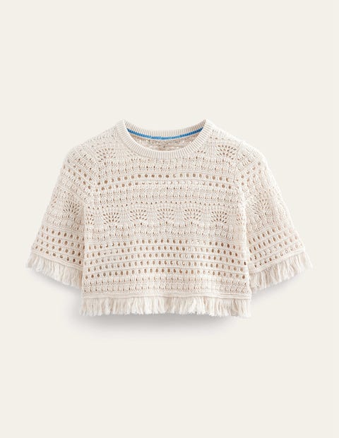 Cropped Fringe Crochet T-Shirt Ivory Women Boden