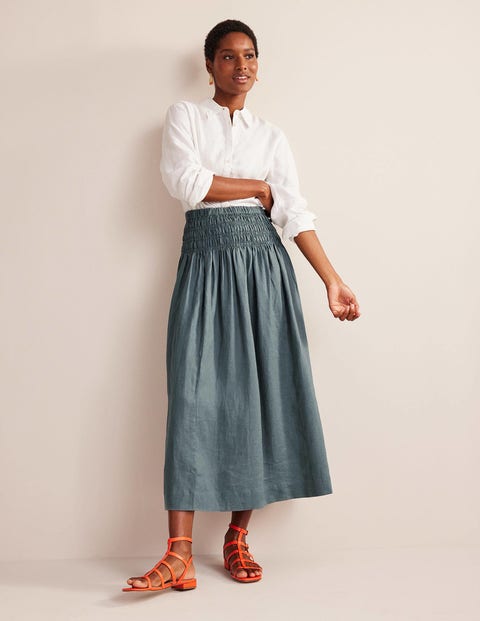 Shirred Waist Linen Midi Skirt - Deep Sea