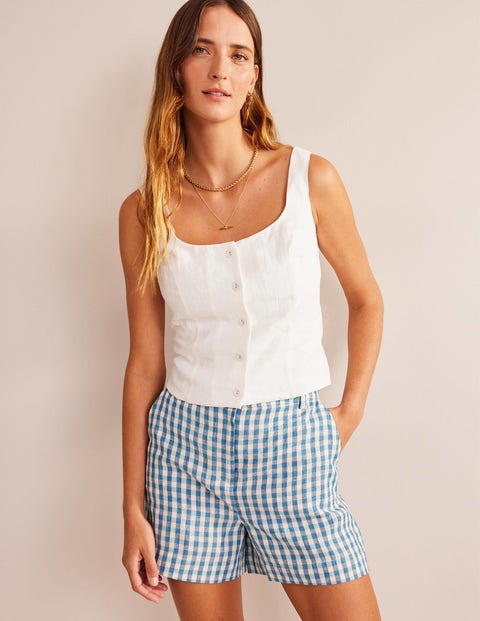 Tailored Linen Shorts Blue Gingham Women Boden, Blue Gingham