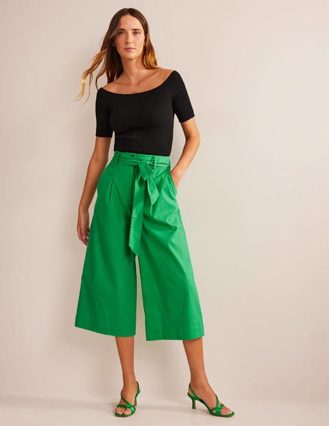 Belted Wide Leg Crop Pants - Rich Emerald