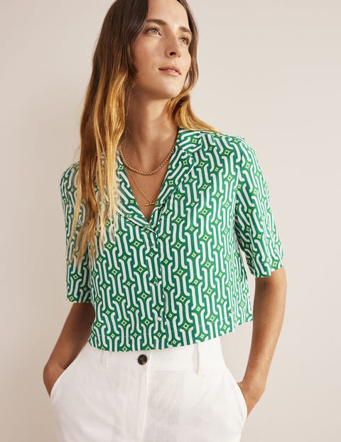 Cropped Revere Shirt - Green, Azure Geo | Boden UK