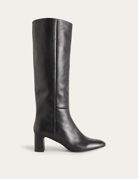 Block Heel Knee High Boots - Black Leather