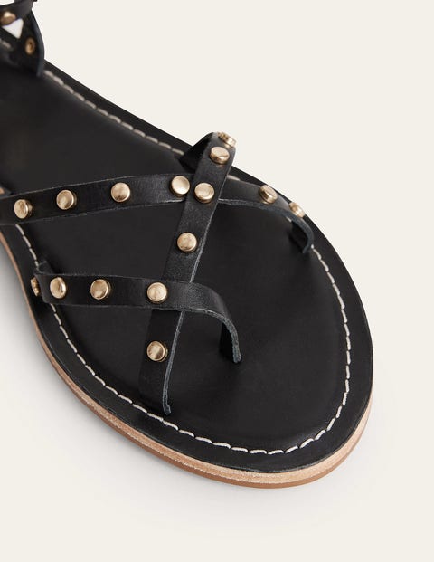 Studded Classic Flat Sandals - Black Leather