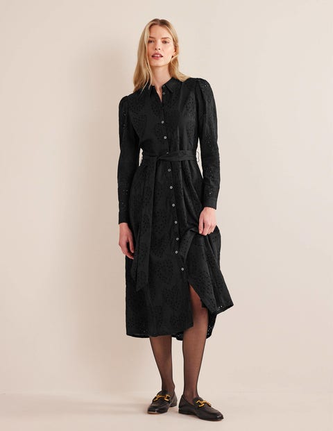 Broderie Midi Shirt Dress - Black | Boden US