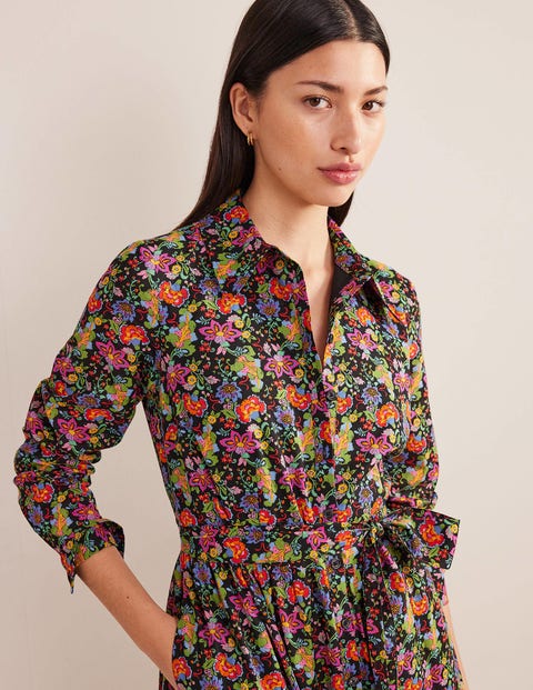 Flo Cotton Midi Shirt Dress - Black, Carnation Garden | Boden US
