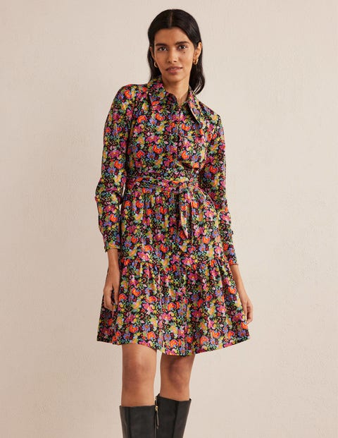 Tiered Cotton Mini Shirt Dress - Black, Carnation Garden | Boden US