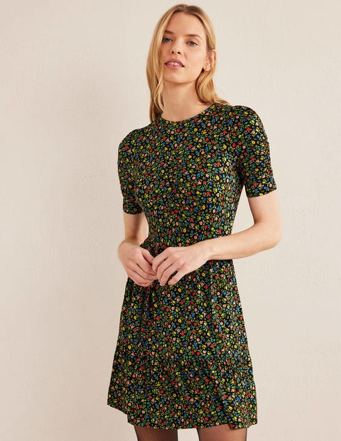 Ruched Bust Jersey Mini Dress - Black, Petal Foliage | Boden US