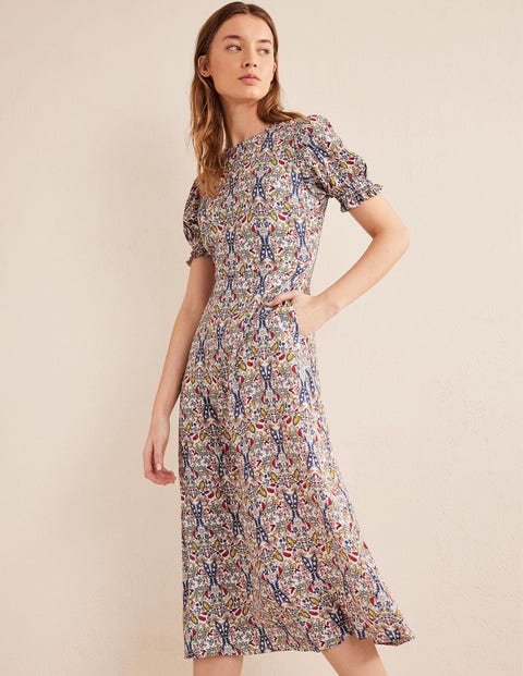 Short Sleeve Midi Dress - Ivory, Exotic Foliage | Boden US
