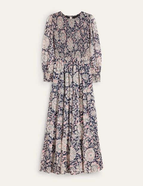 Metallic Smocked Maxi Dress - Popcorn, Floral Tapestry | Boden US