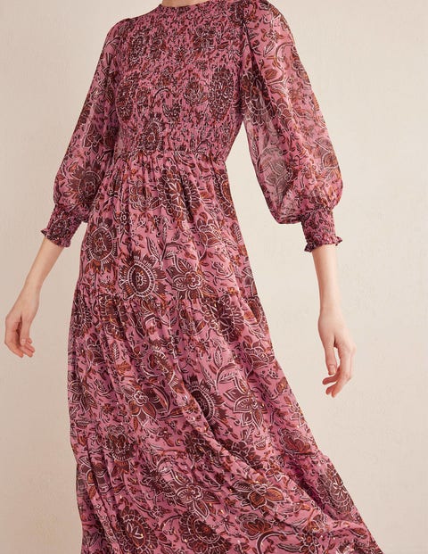 Metallic Smocked Maxi Dress - Faded Rose, Floral Tapestry | Boden US
