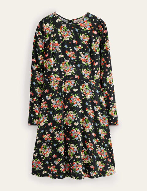 Ausgestelltes Kleid mit Rundhalsausschnitt Damen Boden, Schwarz, Wildblumen