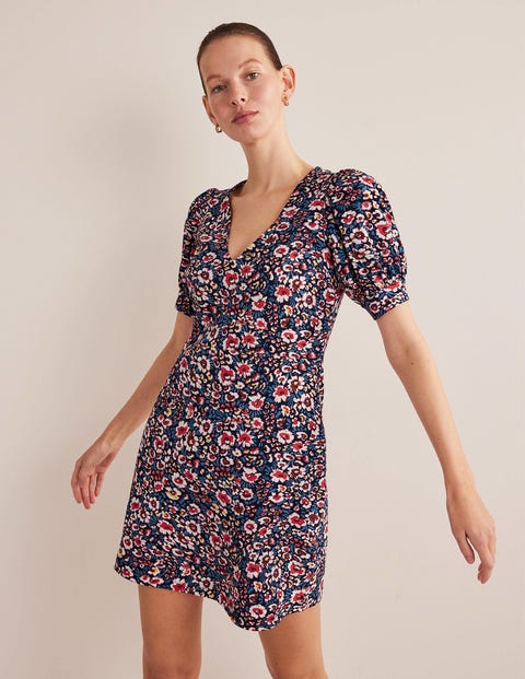 V-Neck Jersey Mini Dress - French Navy, Eden Bloom | Boden UK