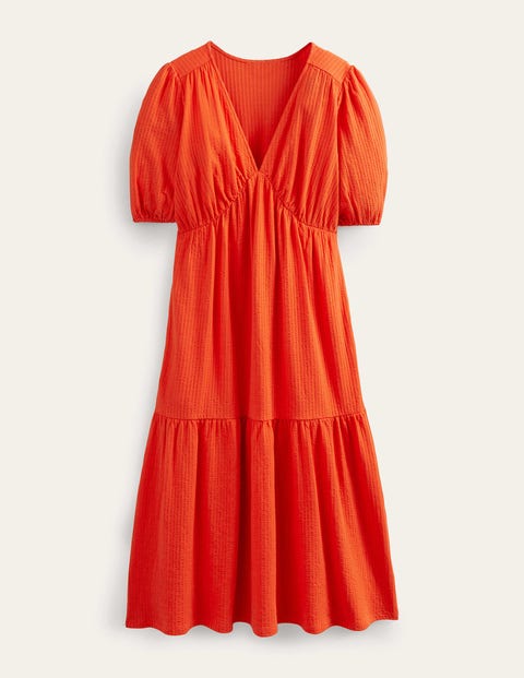 Vermillion - | Boden Red Seersucker Midi Jersey Dress US