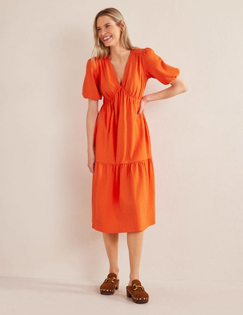 Jersey Seersucker Midi Dress - Vermillion Red | Boden US