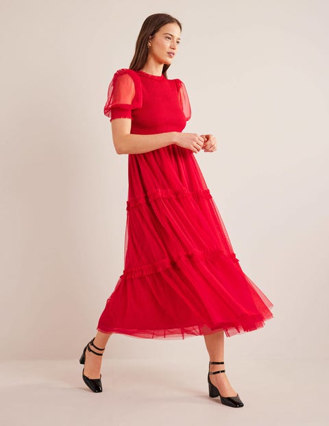 Smocked Tulle Maxi Dress - Dark Rose | Boden US