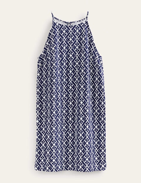Jersey-Minikleid mit Racer-Ausschnitt Damen Boden, Berliner Blau, Geometrisches Muster