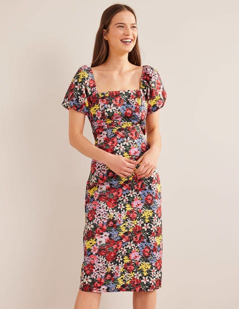 Puff Sleeve Column Midi Dress - Multi, Moire Bloom