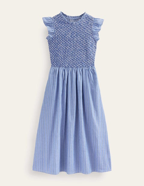 Smocked Stripe Midi Dress Blue Women Boden