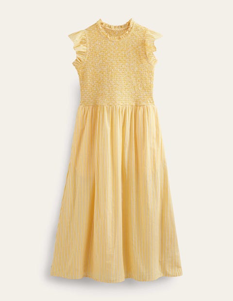 Smocked Cotton Midi Dress Yellow Women Boden
