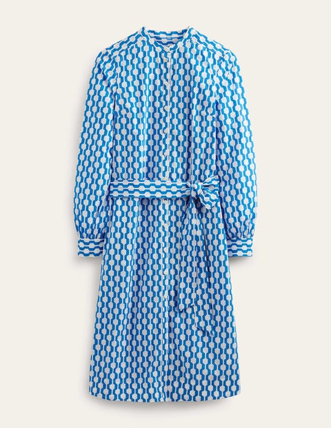 Midi-Hemdblusenkleid ohne Kragen Damen Boden, Marokkoblau, Geometrisches Muster
