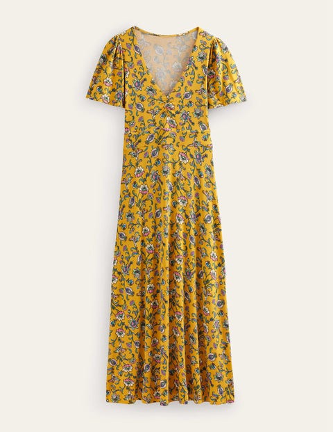 Kleid mit V-Ausschnitt Damen Boden, Senfkorn, Herbstwiese