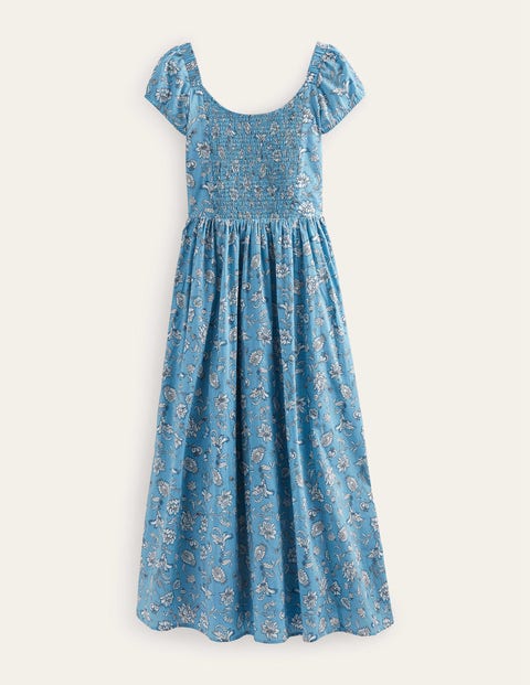 Kleid mit gesmoktem Rücken Damen Boden, Ritterspornblau, Herbstwiese