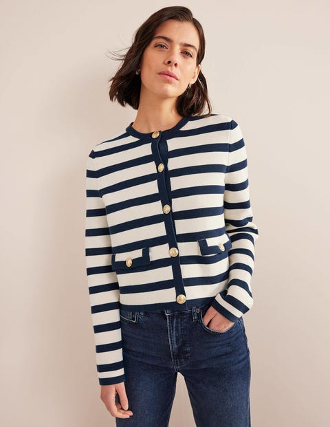 Holly Cropped Knitted Jacket - Ivory, Navy Stripe | Boden UK