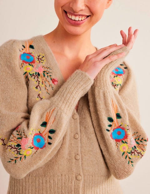 Fluffy Floral Detail Cardigan - Chinchilla Melange Floral