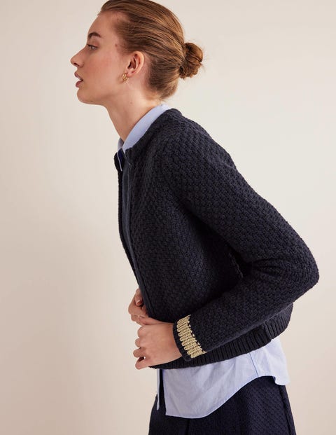 Textured Chunky Wool Cardigan - Navy, Gold | Boden US