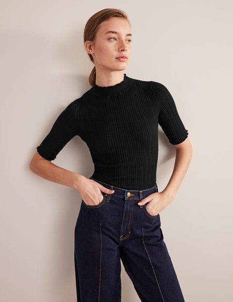 Ribbed Pointelle High Neck Top - Black | Boden US