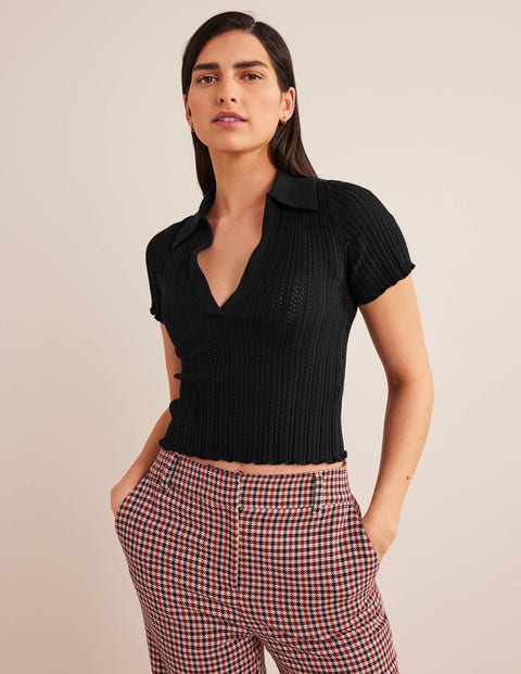 Ribbed Pointelle Collared Top - Black
