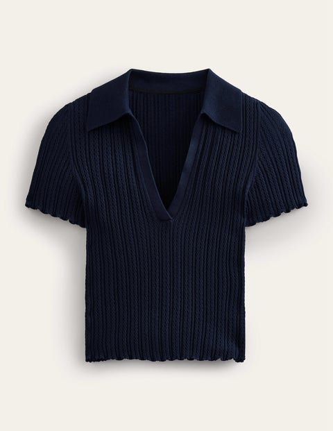 Ribbed Pointelle Collared Top Blue Women Boden