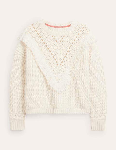 Oversize-Pullover mit Fransen Damen Boden, Warmes Naturweiß