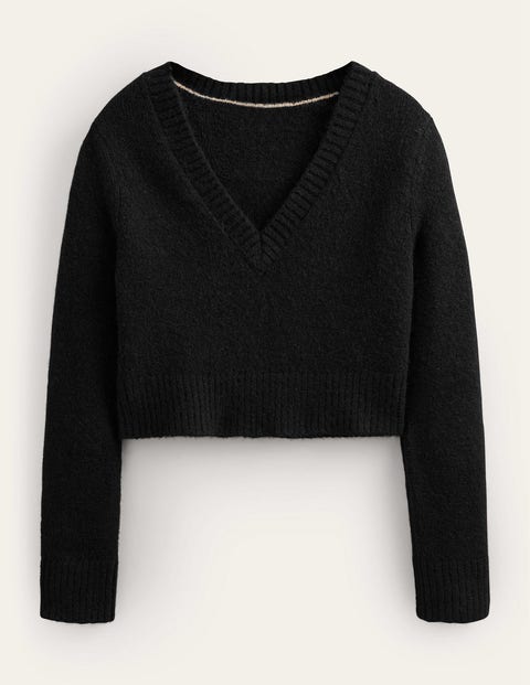 Fluffy Cropped V-Neck Jumper Black Women Boden