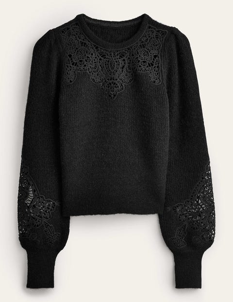 Lace Panel Fluffy Jumper Black Women Boden