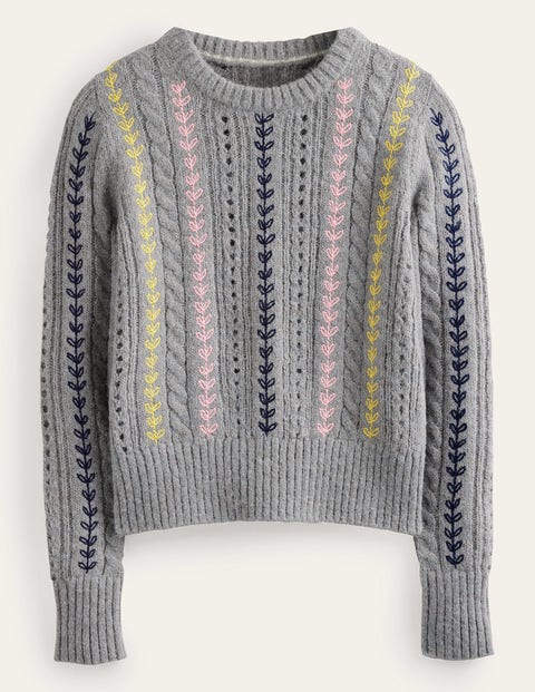 Fluffy Cable Embroidery Jumper Grey Women Boden