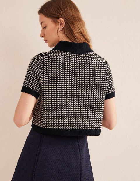Short Sleeve Cropped Cardigan - Navy Geo Jacquard | Boden EU