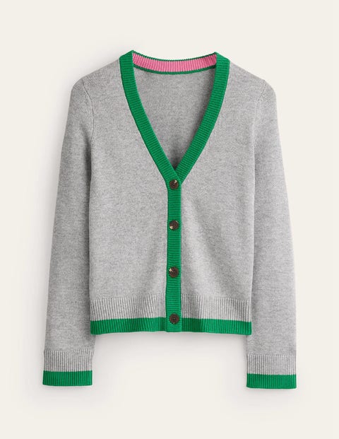 Grau Meliert, Grünes Tamburin, Alma Strickjacke mit Kontrastbesatz, Damen, Boden, Grau Meliert, Grünes Tamburin