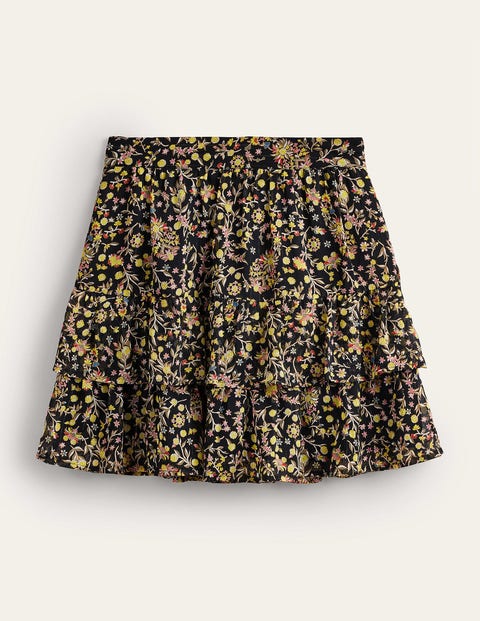 Ruffle Mini Skirt - Black, Wildflower Paisley