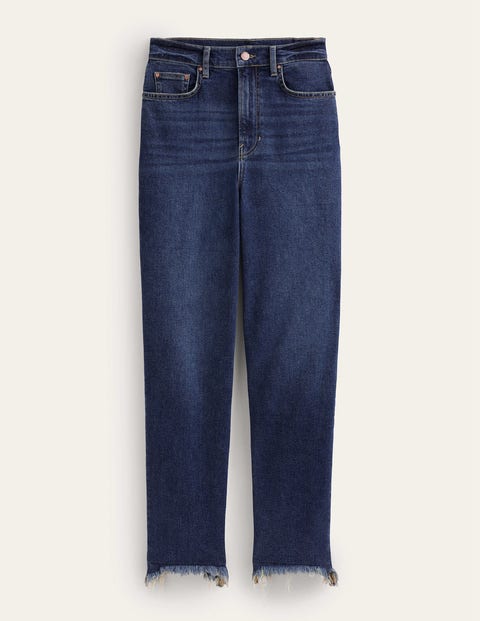 Hoch geschnittene klassische Röhrenjeans Damen Boden, Dunkles Vintagedenim, Gelb Getönt