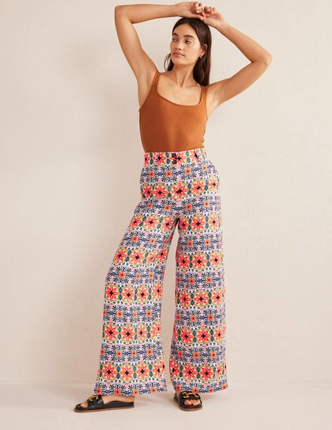 Wide Leg Printed Linen Pants - Multi, Tapestry Stripe